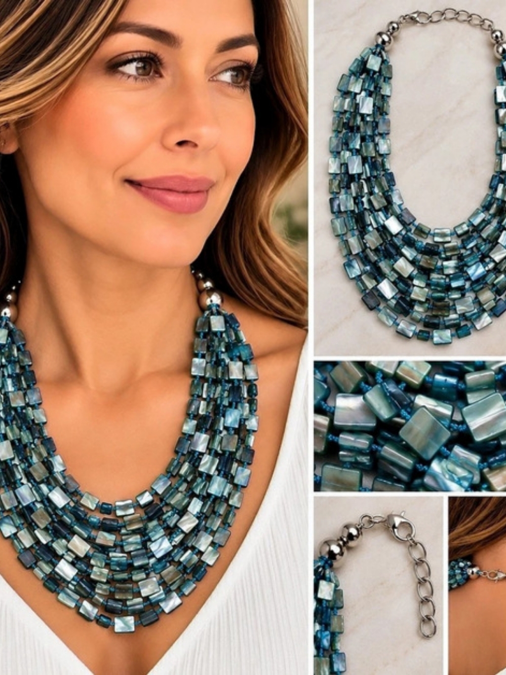 Iridescent Shell Blue & Silver Beaded Statement Necklace